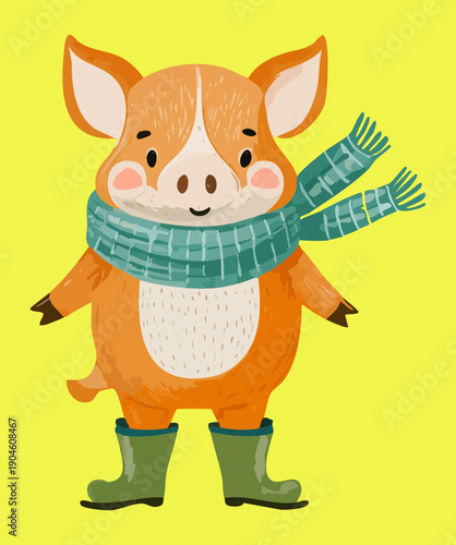 Happy piglet wearing teal scarf and rain boots on yellow background for rainy day fun