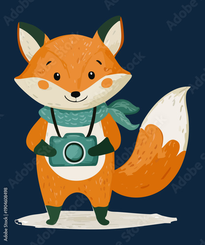 Fox holding teal camera and wearing matching scarf ready for forest wildlife photography adventure trip