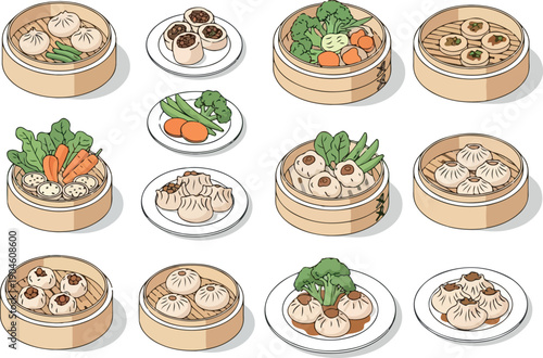 A collection of delicious and diverse dim sum dishes served in traditional bamboo steamers, showcasing a variety of steamed dumplings and buns