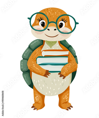 Intelligent turtle with blue glasses holding pile of books for early childhood education and learning