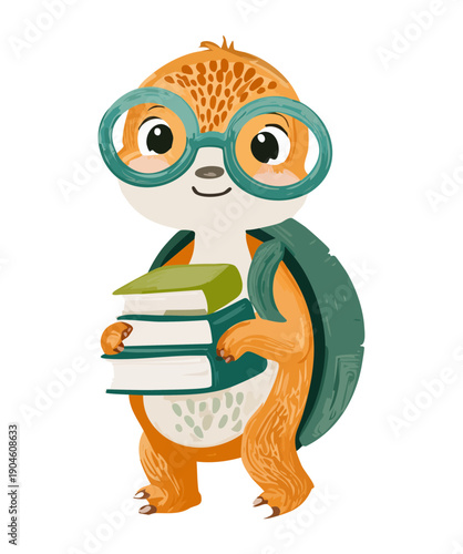 Cute turtle wearing blue glasses and holding stack of books for school and education concepts