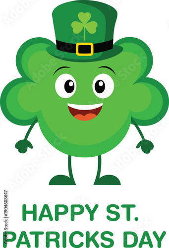 Happy st patrick s day clover cartoon character with shamrock hat