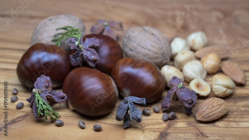 A composition of typically autumnal fruits such as walnuts and chestnuts enhancing their beauty and detail.