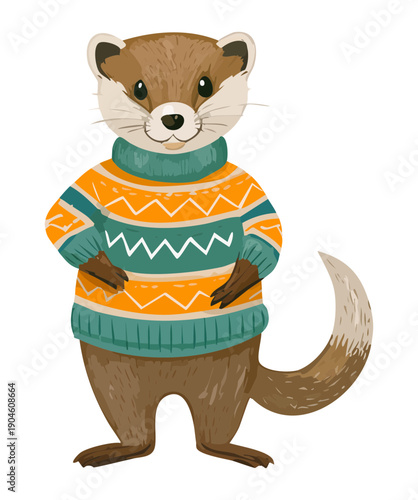 Adorable weasel wearing orange and yellow patterned sweater for cozy autumn and winter fashion vibes