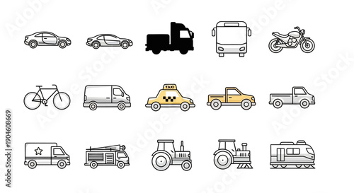 A collection of diverse vehicle icons including cars, trucks, buses, motorcycles, bicycles, vans, taxis, and trains, presented in a clean, minimalist style.