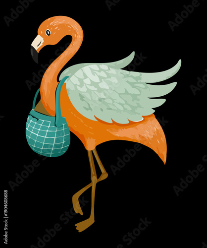 Obraz na plátně Blue winged flamingo bird carrying green beach bag and looking elegant for tropi