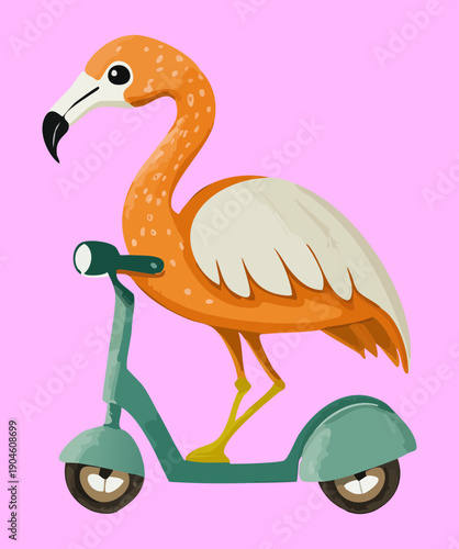 Stylish flamingo bird riding mint green kick scooter on pink background with summer holiday vibes