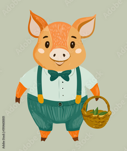 Pig character wearing shirt and bowtie holding basket with vegetables for farm harvest and food illustration