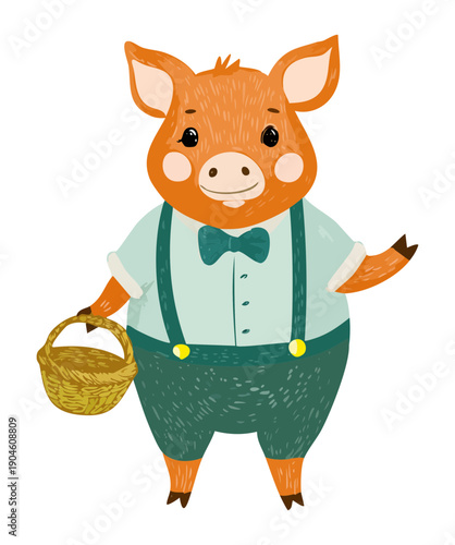 Happy pig character wearing shirt and bowtie holding basket for gardening and farm life art illustration