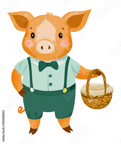 Pig character wearing shirt and bowtie holding basket for farm harvest and rural life art illustration