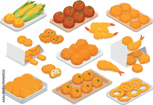 A vibrant collection of assorted fried foods, showcasing a diverse array of appetizers and snacks