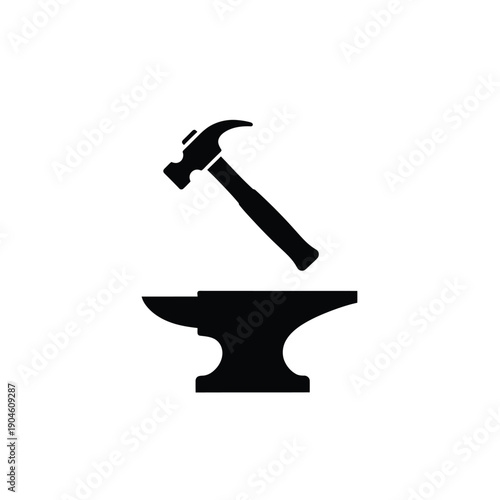 Vector illustration icon black silhouette of a hammer on an anvil for construction or workshop themes