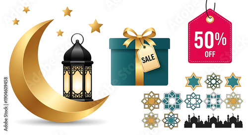 Islamic holiday vector set with crescent moon, stars, lantern, gift box, sale tag, and geometric patterns for celebrations and promotions