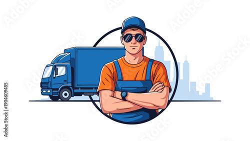 Vector illustration of a delivery man standing confidently in front of a truck, cityscape behind, 8.eps style