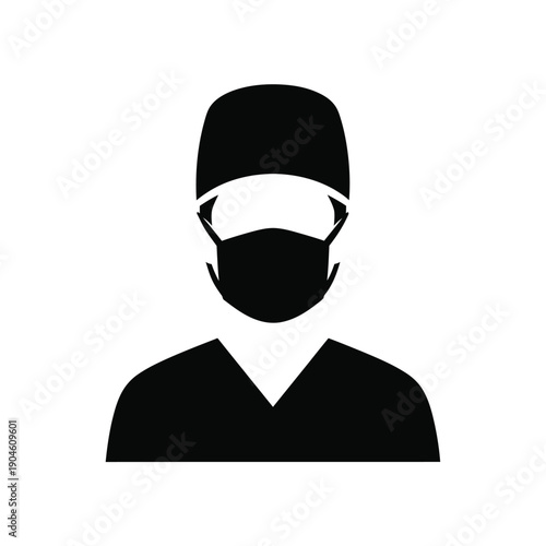 Vector illustration icon a black silhouette of a medical professional wearing a face mask and surgical cap