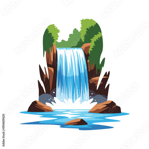 Waterfall cascading over rocks into clear blue water pool  