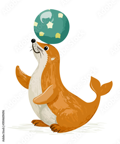 Playful seal character balancing ball with stars on its nose for circus and magic show illustration