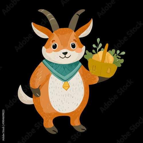 Cute goat character wearing bandana and holding basket of fruits for farm life and harvest season illustration
