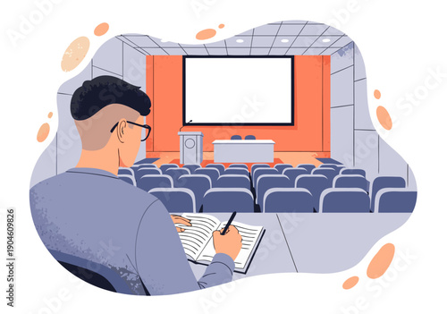 Vector illustration of a man taking notes in a lecture hall with auditorium seating, educational setting, and presentation screen