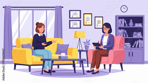 Vector illustration of two women sitting in a living room with laptops, relaxed atmosphere, modern furniture, and a cozy environment, depicted from a straightforward viewpoint like 13.eps