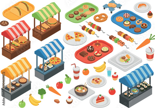 An isometric illustration of a variety of food stalls and delicious food items at a market or fairground