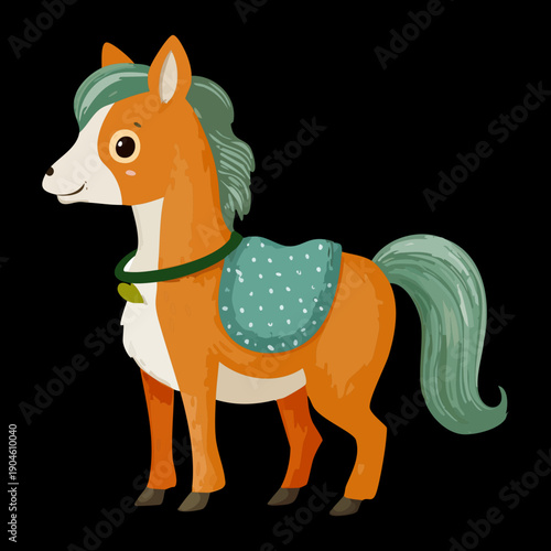 Horse character with an orange coat and green saddle standing against a dark night sky