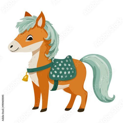 Cute horse with an orange coat and green saddle standing against a light grey background
