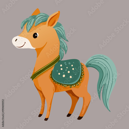 Orange horse with a green saddle and blanket standing in a soft grey landscape area