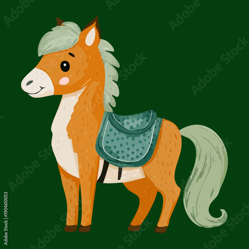 Horse character with a green saddle and bridle standing in a dark green forest setting