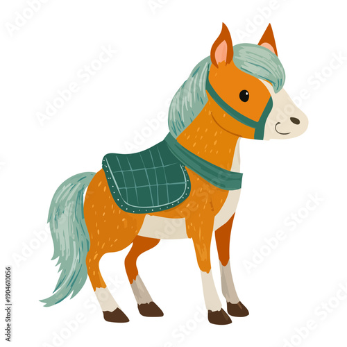 Horse character wearing a green saddle and bridle standing in a soft grey field area