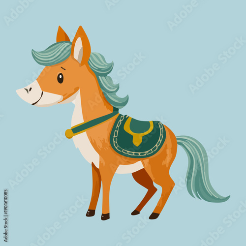 Horse character with an orange coat and green saddle standing in a soft grey landscape