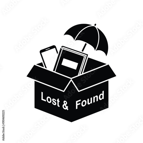 Vector illustration icon black and white illustration of lost and found items in a box with umbrella on top
