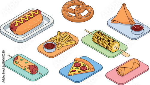 A vibrant isometric illustration showcasing a delicious assortment of popular street food items, perfect for culinary themes and food festivals