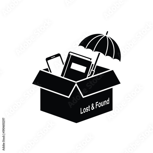 Vector illustration icon black and white illustration of a lost and found box with umbrella and personal items