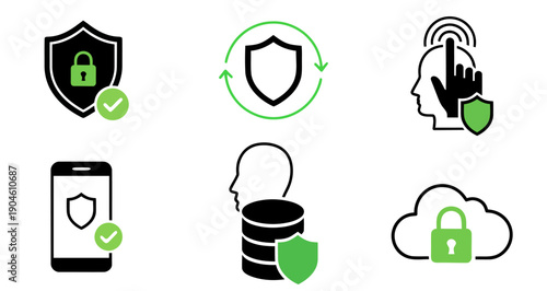 A set of information security and data protection icons in black and green colors. Vector illustration.