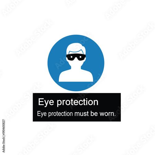 Vector illustration icon a blue and white icon depicting a person wearing eye protection goggles with a warning sign below it indicating that eye protection must be worn