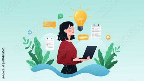 Vector illustration of a woman holding a laptop with ideas floating around her in a serene environment
