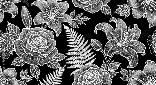Black and white floral pattern with roses and lilies.