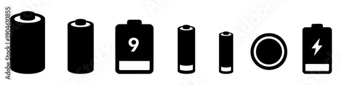 A set of silhouette icons for various types of batteries and power cells. Graphic set in black color, which symbolizes energy sources and electric power. Vector illustration.