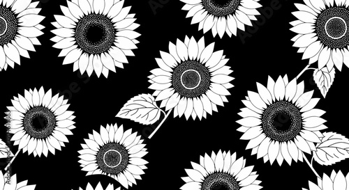 Black and white illustration of sunflowers on a dark background.