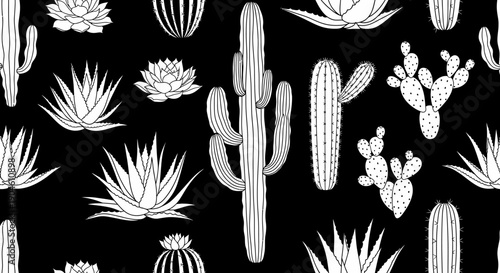Black background with various white cactus illustrations.