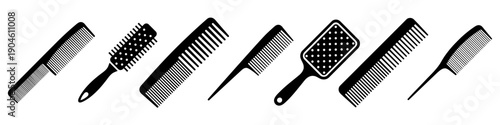A set of silhouette icons for various combs and hairbrushes. Graphic set in black color, including massage brushes and combs of different shapes for hair care. Vector illustration.