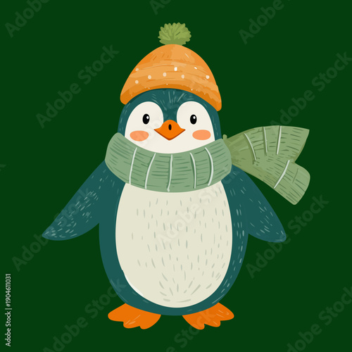 Penguin character wearing an orange hat and green scarf standing in a dark winter forest