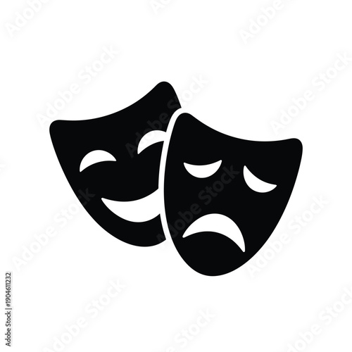 Vector illustration icon two black comedy and tragedy masks on symbolizing theater and acting