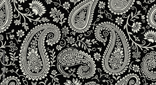 Intricate black and white paisley pattern with floral motifs.