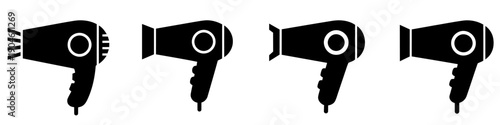 A set of icons for hair dryers. Graphic set in black color, which symbolizes self-care and barber services. Vector illustration.