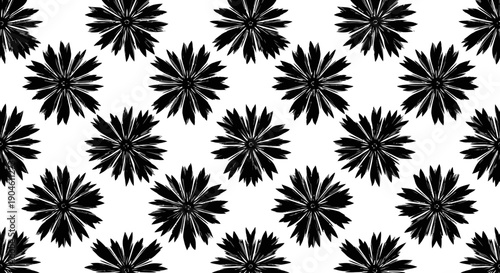 Black floral pattern on white background with repeating design.