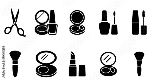 A set of icons for cosmetics and beauty. Graphic set in black color, which symbolizes self-care and makeup. Vector illustration.