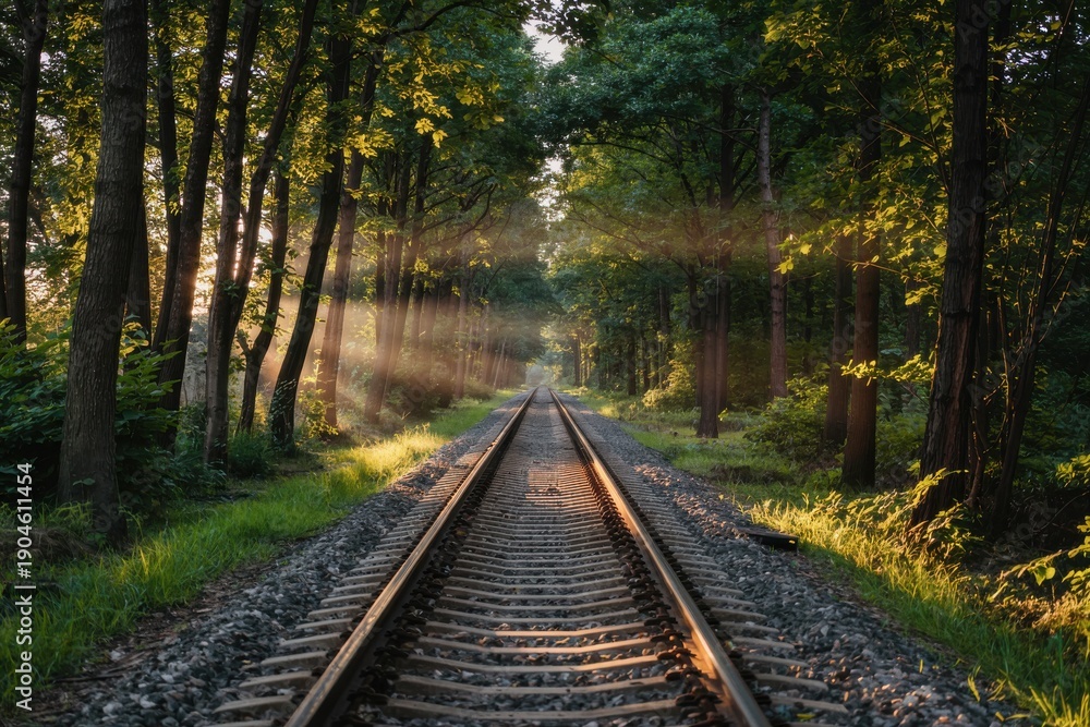 Obraz premium Railway tracks in a forest at sunset with sunlight filtering through trees