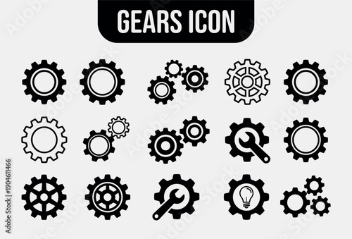 Modern Minimalist Gear Icon Set - Vector Cogwheels for Settings and Engineering